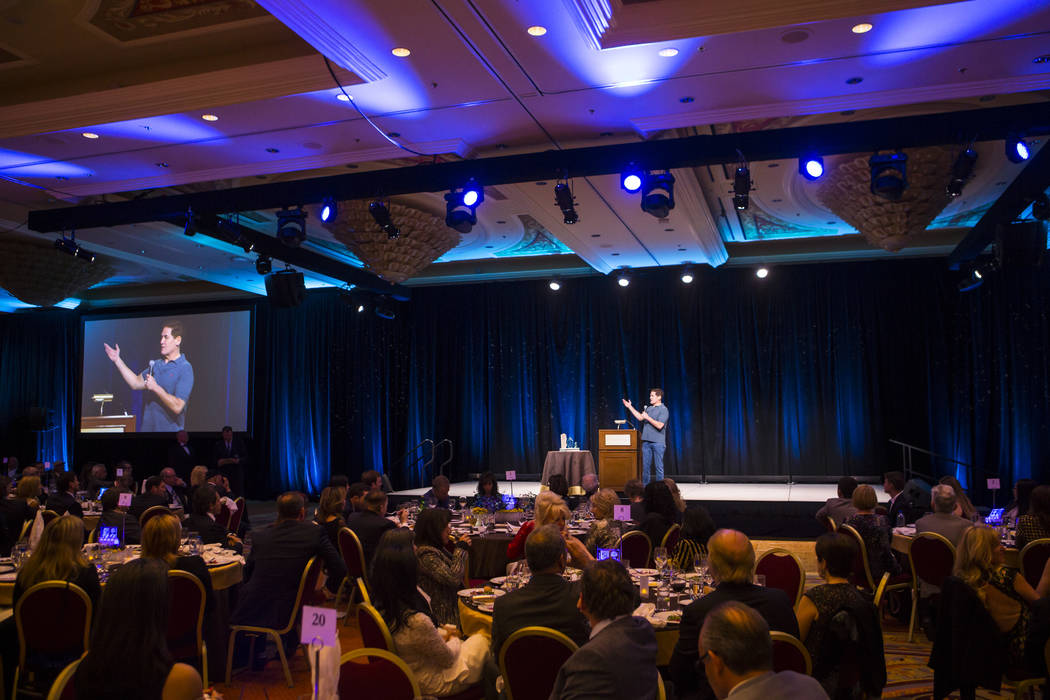Entrepreneur Mark Cuban answers questions from students during the Adelson Educational Campus' 13th annual In Pursuit of Excellence Gala at The Venetian hotel-casino in Las Vegas on Sunday, March ...