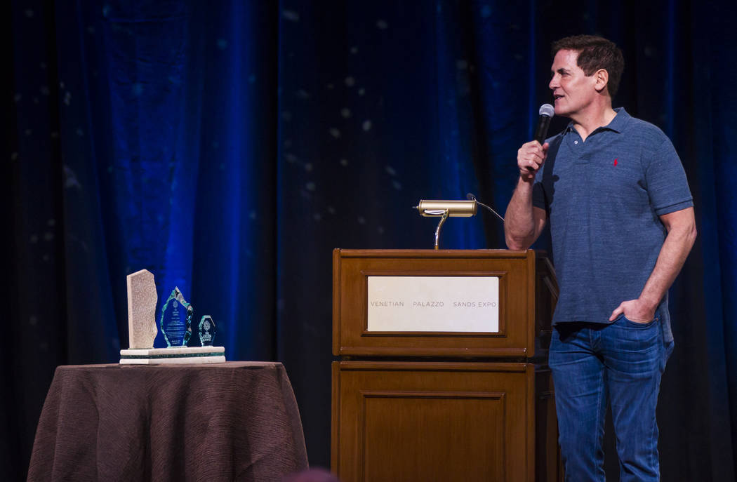 Entrepreneur Mark Cuban answers questions from students during the Adelson Educational Campus' 13th annual In Pursuit of Excellence Gala at The Venetian hotel-casino in Las Vegas on Sunday, March ...