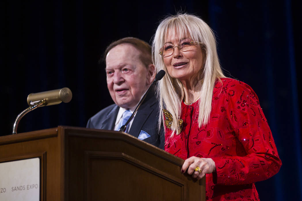 Dr. Miriam Adelson and Las Vegas Sands Corp. Chairman and CEO Sheldon Adelson speak during the Adelson Educational Campus' 13th annual In Pursuit of Excellence Gala at The Venetian hotel-casino in ...