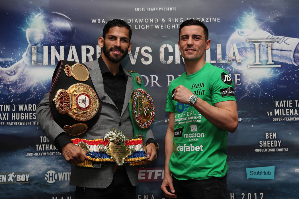 Las Vegas resident Jorge Linares, left, meets Anthony Crolla for a lightweight title rematch on Saturday in the United Kingdom. (Photo Credit Lawrence Lustig/Matchroom)