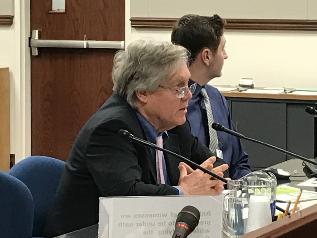 Sen. Tick Segerblom, D-Las Vegas, presents his bill in Carson City, Wednesday, March 22, 2017,  to increase taxes on alcohol, cigarettes and casinos to fund substance abuse treatment programs. (Sa ...