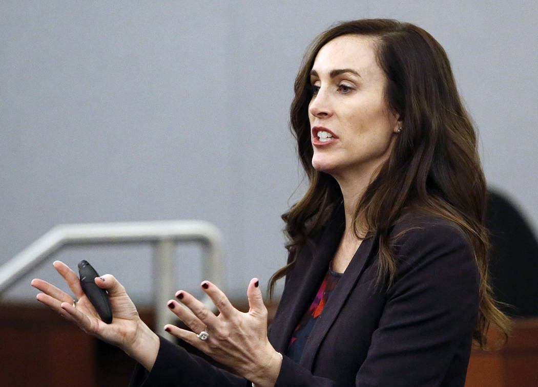 Prosecutor Jacqueline Bluth presents her opening statements to the jury during Melvyn Sprowson' s kidnapping and child pornography trial at the Regional Justice Center on Friday, March 24, 2017, i ...