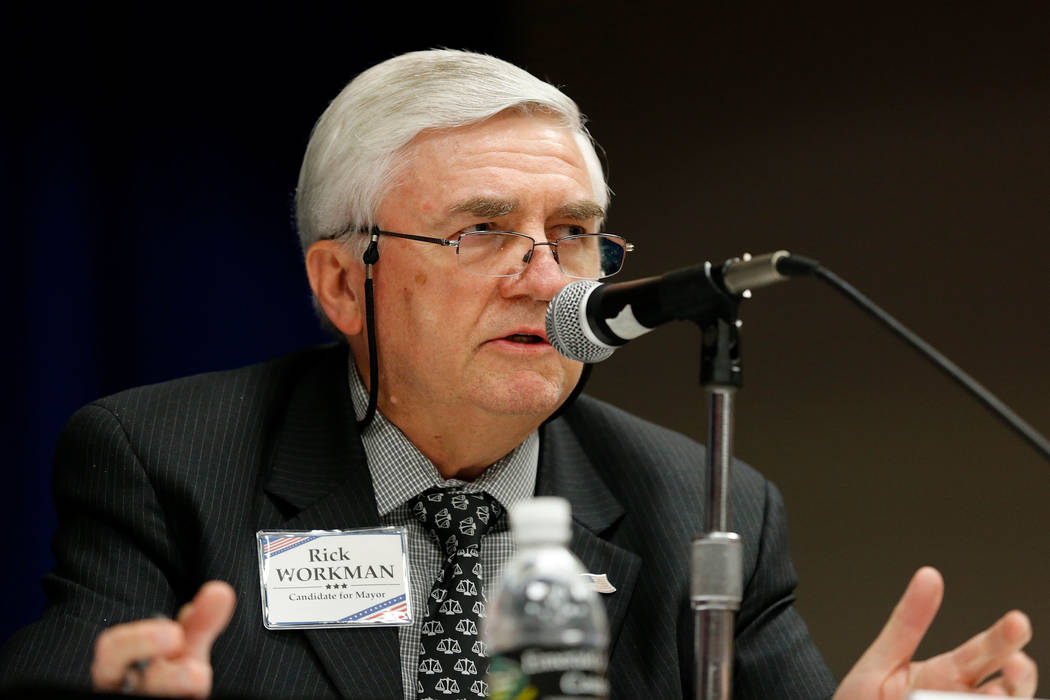Henderson mayoral candidate Rick Workman speaks during a debate-forum at the Henderson Convention Center, Monday, March 27, 2017, in Henderson. (Chitose Suzuki/Las Vegas Review-Journal)