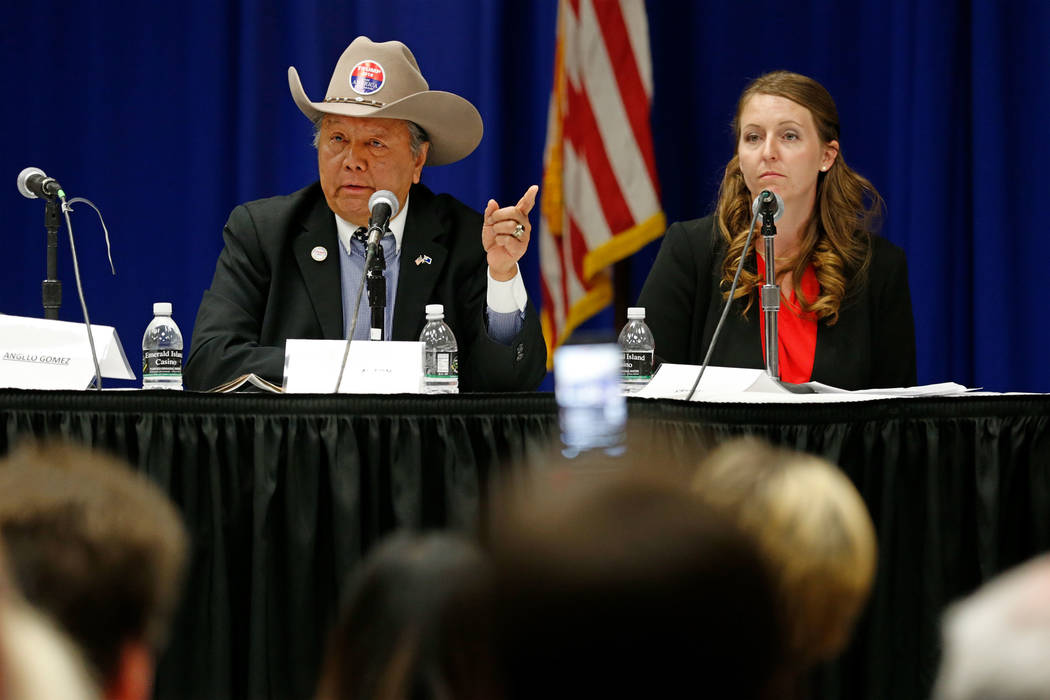 Henderson mayoral candidate Eddie Hamilton speaks during a debate-forum at the Henderson Convention Center, Monday, March 27, 2017, in Henderson, as another candidate Crystal Hendrickson looks on. ...