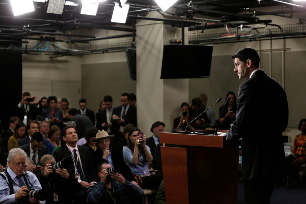 House Speaker Paul Ryan, R-Wisc., speaks at his news conference after the House Republican meeting on Capitol Hill in Washington, March 24, 2017. (Yuri Gripas/Reuters)