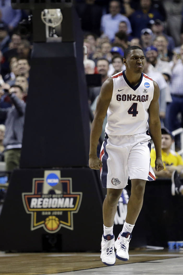 Gonzaga guard Jordan Mathews (4) celebrates after scoring during the second half of an NCAA Tournament college basketball regional semifinal game against West Virginia Thursday, March 23, 2017, in ...