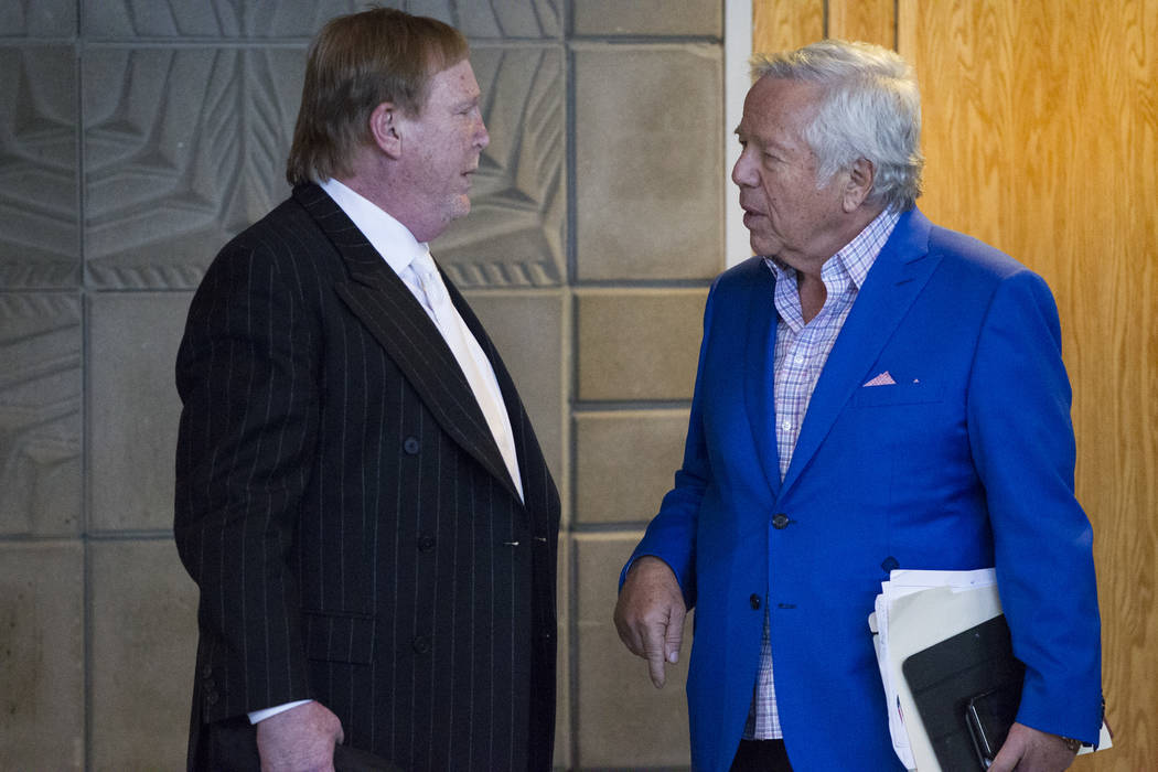 Oakland Raiders owner Mark Davis, left, with New England Patriots owner Robert Kraft, during day two of the NFL Annual Meeting at the Arizona Biltmore Hotel on Monday, March 27, 2017, in Phoenix,  ...