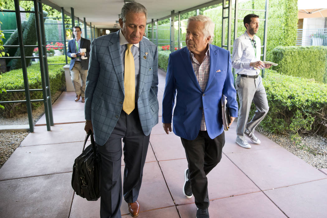 Atlanta Falcons owner Arthur Blank, left, and New England Patriots owner Robert Kraft during day two of the NFL Annual Meeting at the Arizona Biltmore Hotel on Monday, March 27, 2017, in Phoenix,  ...