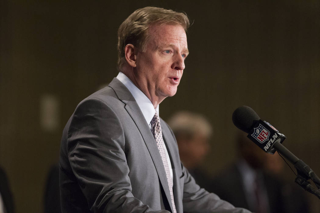 Commissioner Roger Goodell speaks during a press conference after the NFL approved the Raiders move to Las Vegas with a 31-1 vote in day two of the NFL Annual Meeting on Monday, March 27, 2017, in ...
