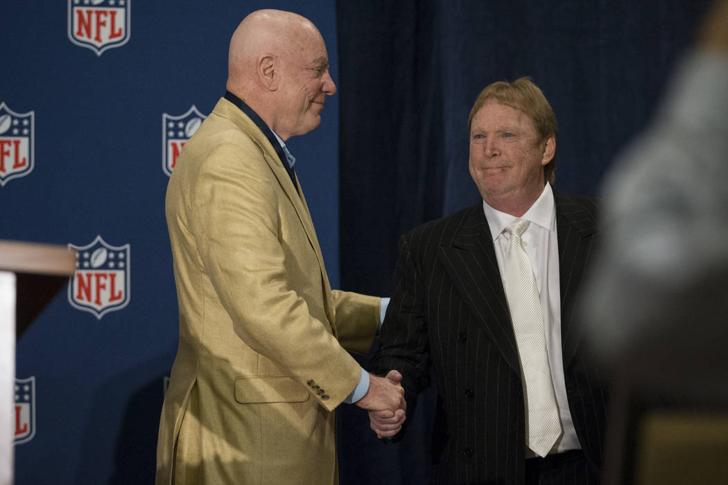 Houston Texans owner Bob McNair, left, with Oakland Raiders owner Mark Davis during a press conference after the NFL approved the Raiders move to Las Vegas with a 31-1 vote in day two of the NFL A ...