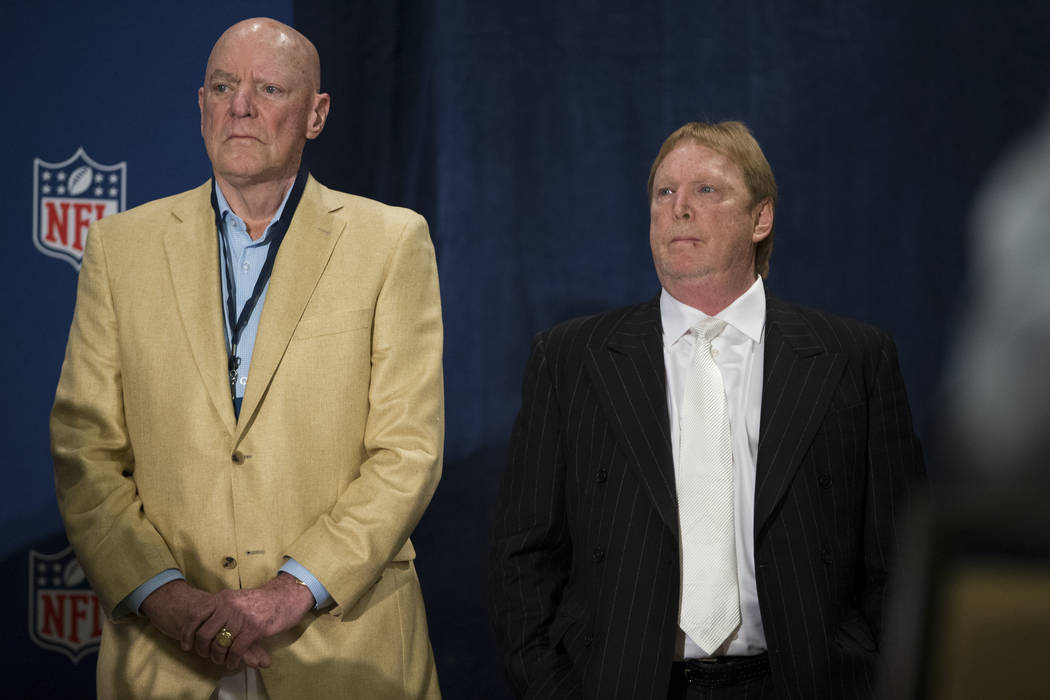 Houston Texans owner Bob McNair, left, with Oakland Raiders owner Mark Davis during a press conference after the NFL approved the Raiders move to Las Vegas with a 31-1 vote in day two of the NFL A ...