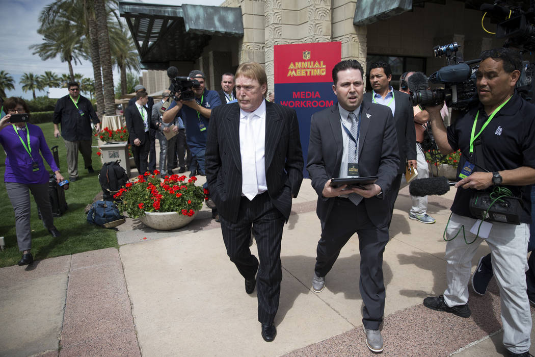 Oakland Raiders owner Mark Davis after the NFL approved the Raiders move to Las Vegas with a 31-1 vote during day two of the NFL Annual Meeting on Monday, March 27, 2017, in Phoenix, Ariz.. (Erik ...