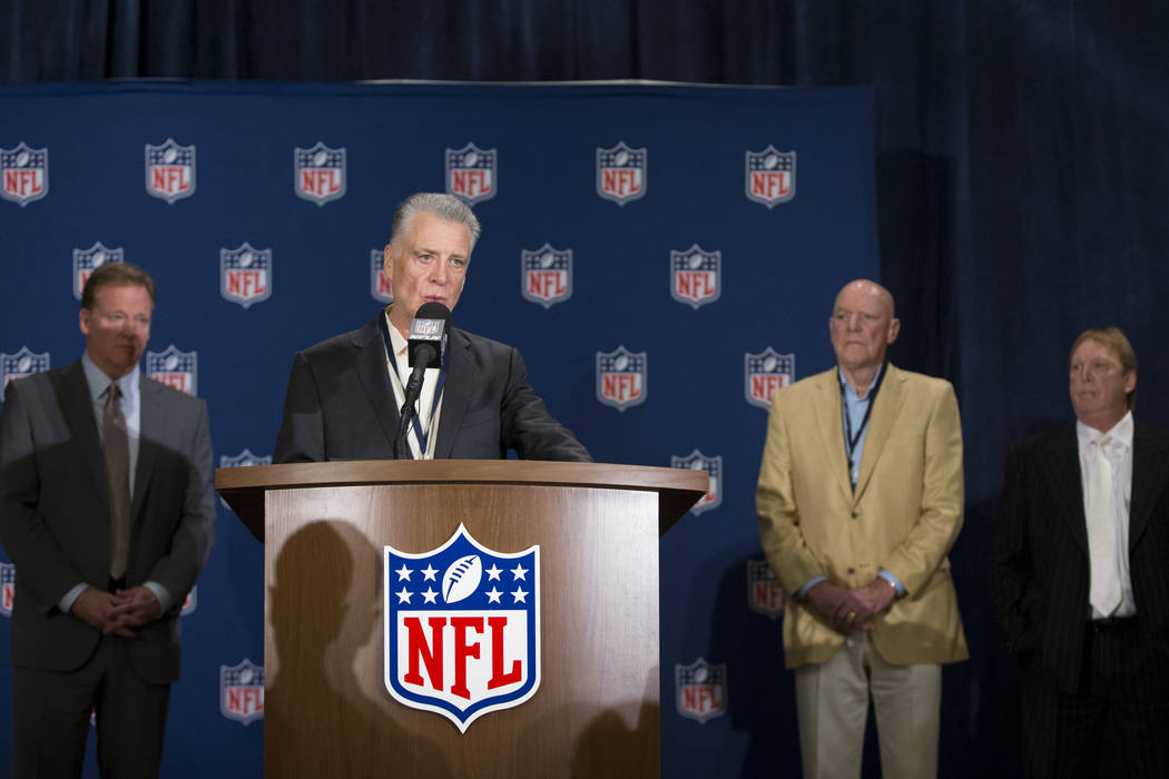 Pittsburgh Steelers owner Arthur Rooney II, second from left, speaks during a press conference on the Oakland Raiders NFL approval vote to move to Las Vegas during the NFL Annual Meeting, with NFL ...
