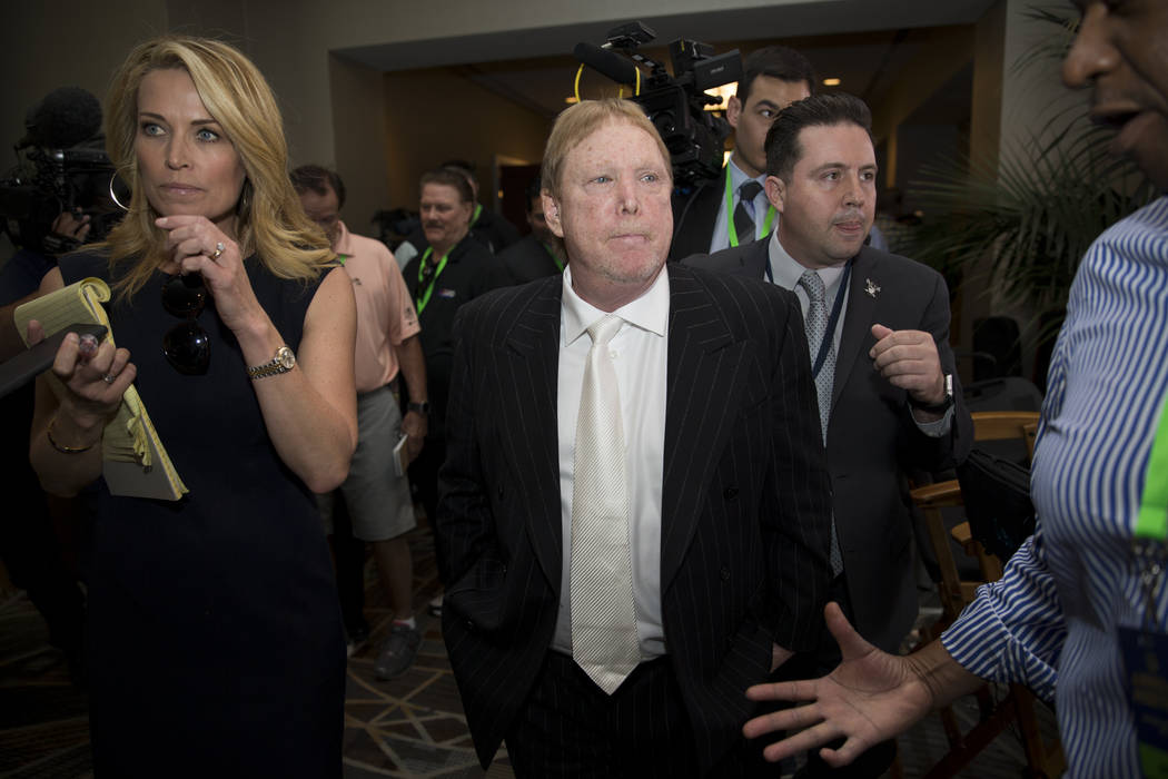 Oakland Raiders owner Mark Davis after the team was voted to move to Las Vegas during day two of the NFL Annual Meeting on Monday, March 27, 2017, in Phoenix, Ariz.. (Erik Verduzco/Las Vegas Revie ...