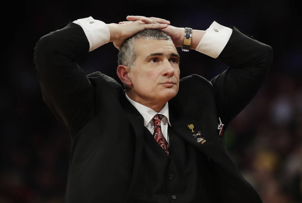 South Carolina head coach Frank Martin reacts in the second half against Baylor during an East Regional semifinal game of the NCAA men's college basketball tournament, Friday, March 24, 2017, in N ...