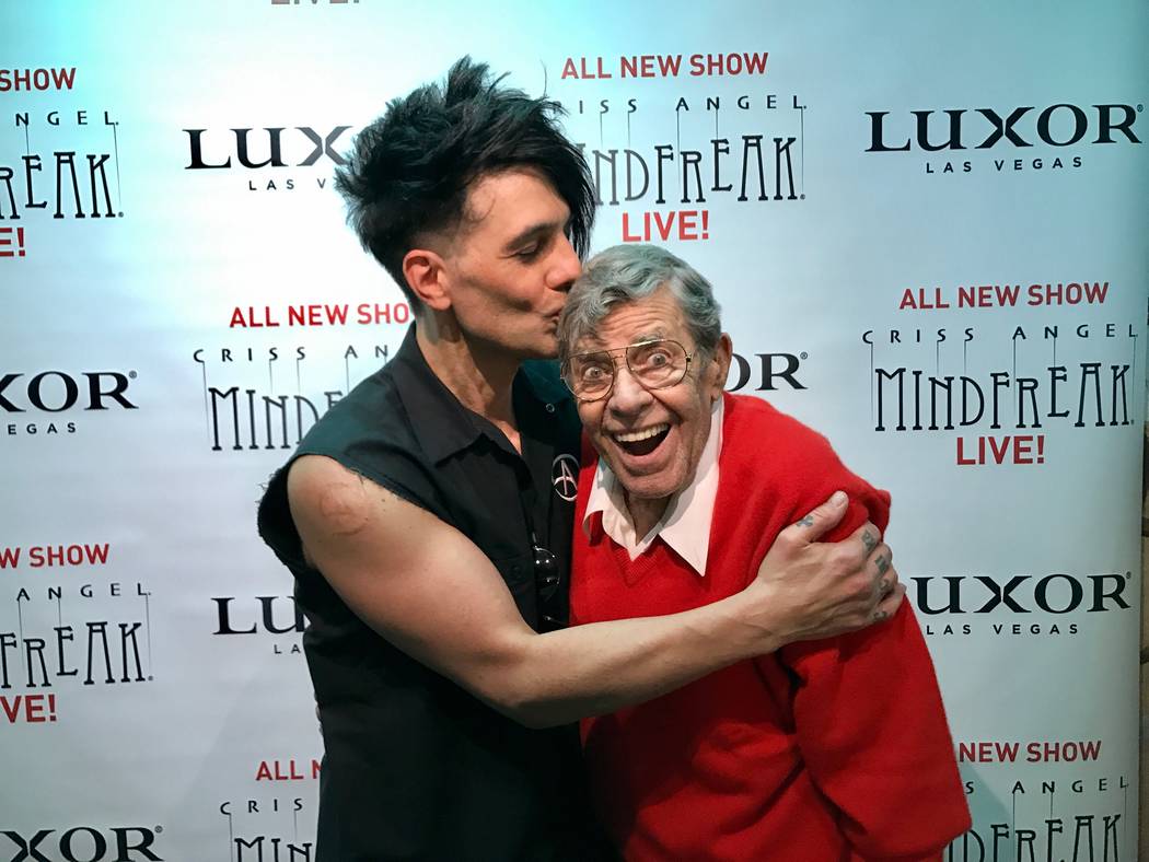 Luxor headliner Criss Angel plants one on Jerry Lewis after a performance of "Mindfreak Live" on Saturday, March 25 2017. (Courtesy)