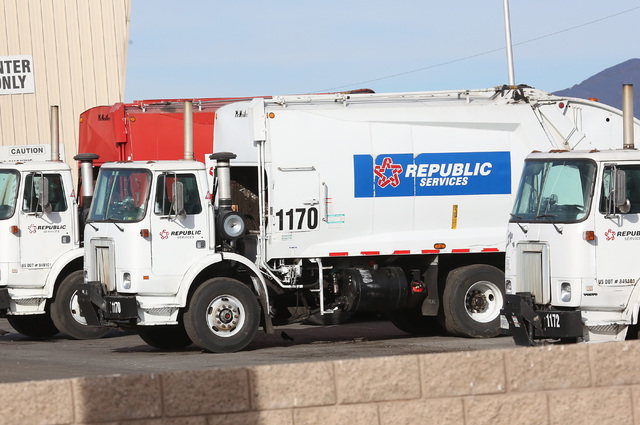 Republic trucks are lined up at Republic Services' disposal facility Wednesday, Dec. 7, 2016, in North Las Vegas. (Bizuayehu Tesfaye/Las Vegas Review-Journal) @bizutesfaye