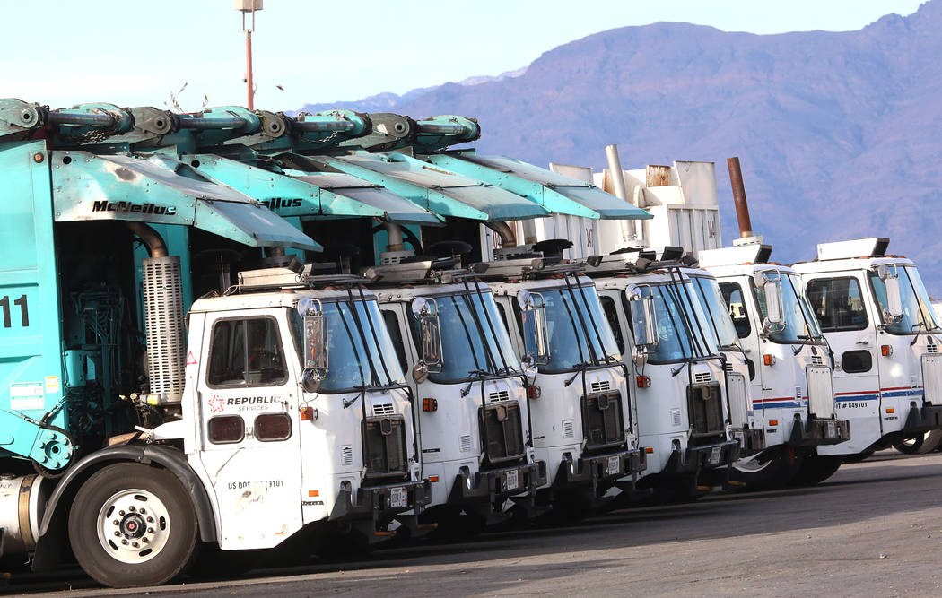 Republic trucks are lined up at Republic Services' disposal facility Wednesday, Dec. 7, 2016. (Bizuayehu Tesfaye/Las Vegas Review-Journal) @bizutesfaye