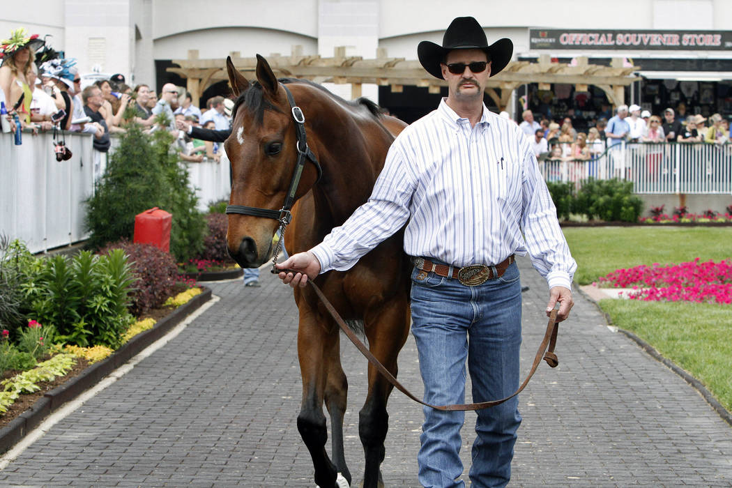 Trainer Chip Woolley leads 2009 Kentucky Derby winner Mine That Bird around the paddock at Churchill Downs Thursday, May 2, 2013 in Louisville, Ky. The 139th running of the Kentucky Derby is Satu ...