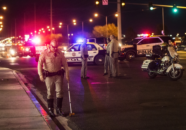 Las Vegas Metro investigate a car on pedestrian collision at West Spring Mountain Road and South Durango Drive on Sunday, Nov. 20, 2016, in Las Vegas. Benjamin Hager/Las Vegas Review-Journal