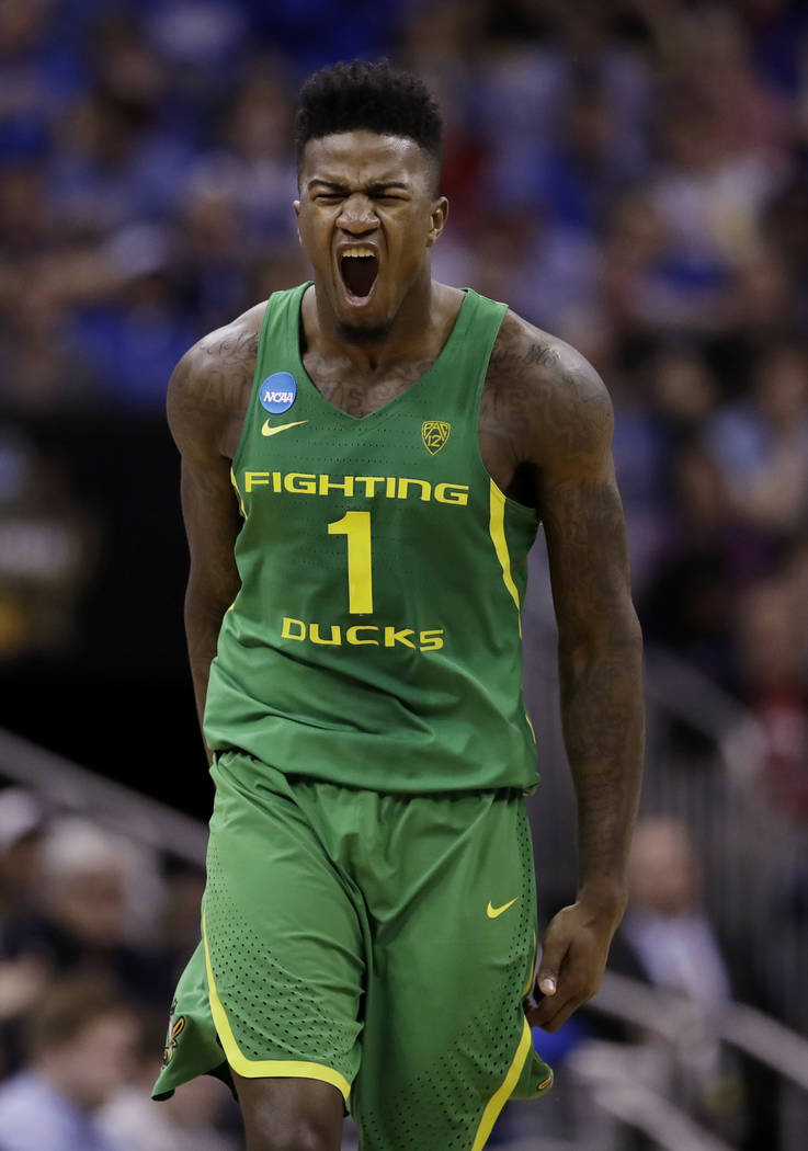 Oregon forward Jordan Bell celebrates during the first half of the