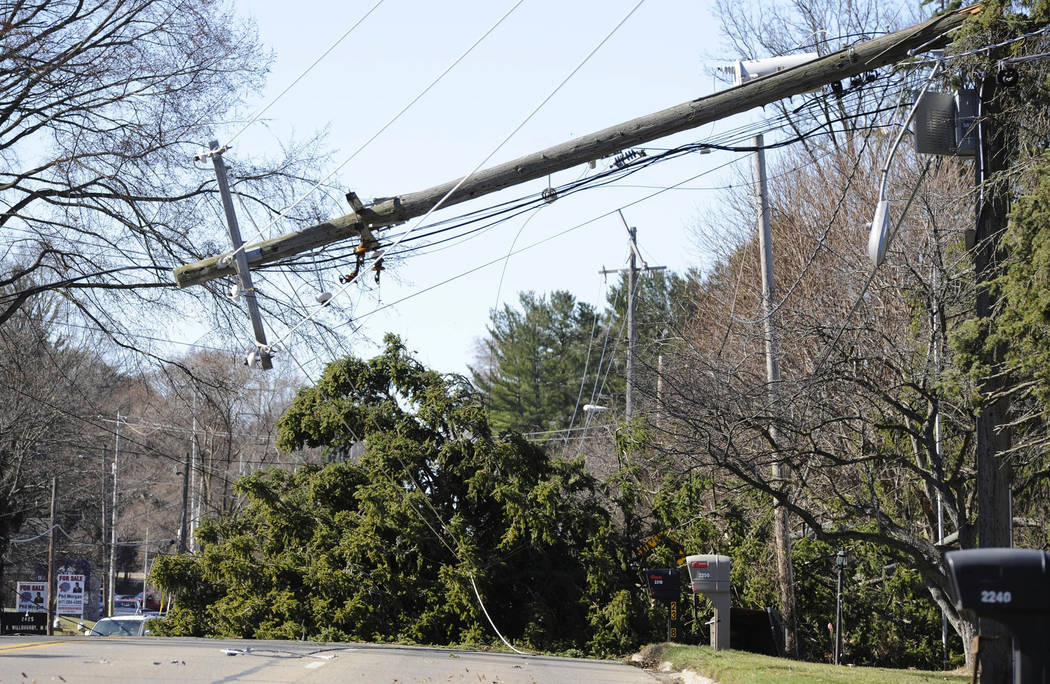 A tree and a snapped power pole closed Spring Arbor Road on Wednesday, March 8, 2017, in Jackson, Mich. Fire departments are busy with high winds in the area. (J. Scott Park/Jackson Citizen Patrio ...