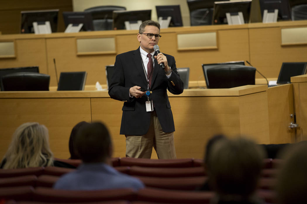 Scott Adams, deputy city manager for the Las Vegas Medical District Development, speaks during the Downtown Momentum Tour event at Las Vegas City Hall on Thursday, March 2, 2017 in Las Vegas. (Eri ...