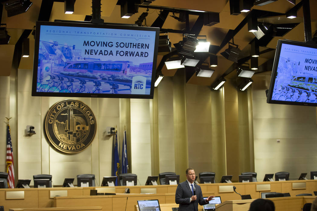 David Swallow, senior director of engineering and technology for the Regional Transportation Commission of Southern Nevada, speaks during the Downtown Momentum Tour event at Las Vegas City Hall on ...