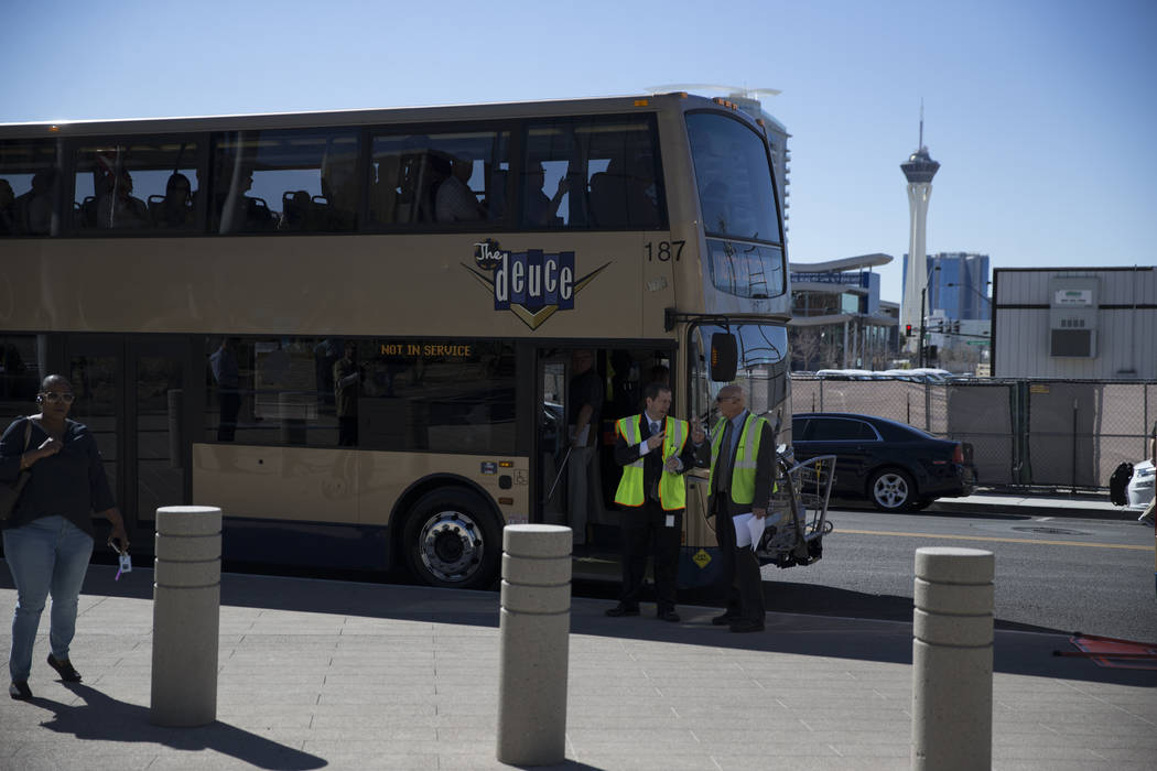 People onboard of buses during the Downtown Momentum Tour event at Las Vegas City Hall on Thursday, March 2, 2017 in Las Vegas. (Erik Verduzco/Las Vegas Review-Journal) @Erik_Verduzco