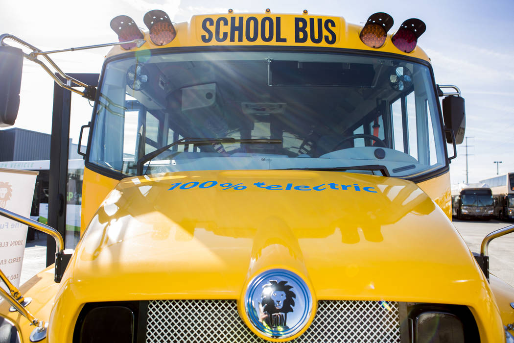 A 71-passenger eLion school bus that is fully electric at the Regional Transportation Commission of Southern Nevada Training Center, Wednesday, March 8, 2017, in Las Vegas.  (Elizabeth Brumley/Las ...