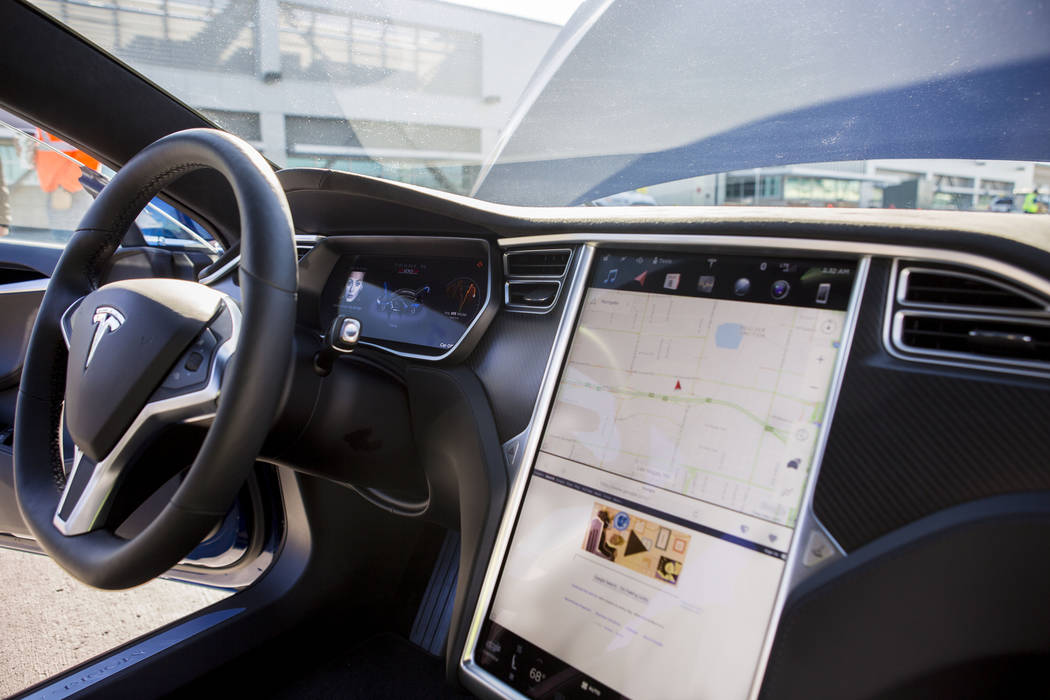 The interior of a Model S Tesla sedan at the Regional Transportation Commission of Southern Nevada Training Center, Wednesday, March 8, 2017, in Las Vegas.  (Elizabeth Brumley/Las Vegas Review-Jou ...