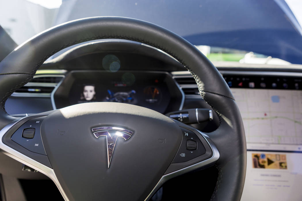 The interior of a Model S Tesla sedan at the Regional Transportation Commission of Southern Nevada Training Center, Wednesday, March 8, 2017, in Las Vegas.  (Elizabeth Brumley/Las Vegas Review-Jou ...