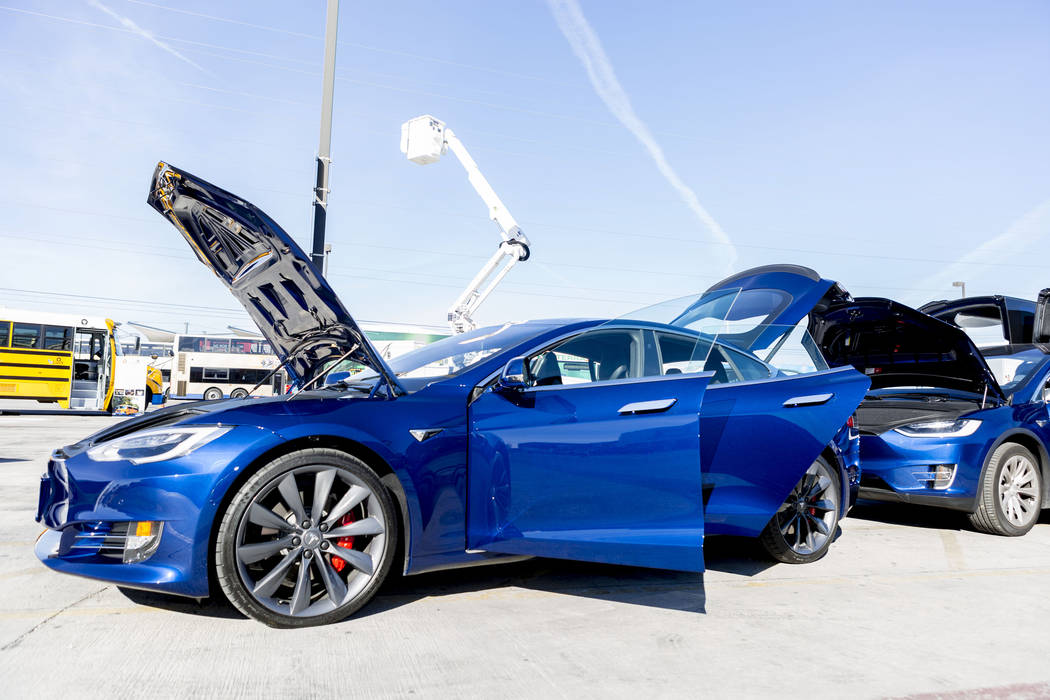 A Model S Tesla sedan at the Regional Transportation Commission of Southern Nevada Training Center, Wednesday, March 8, 2017, in Las Vegas.  (Elizabeth Brumley/Las Vegas Review-Journal) @EliPagePhoto