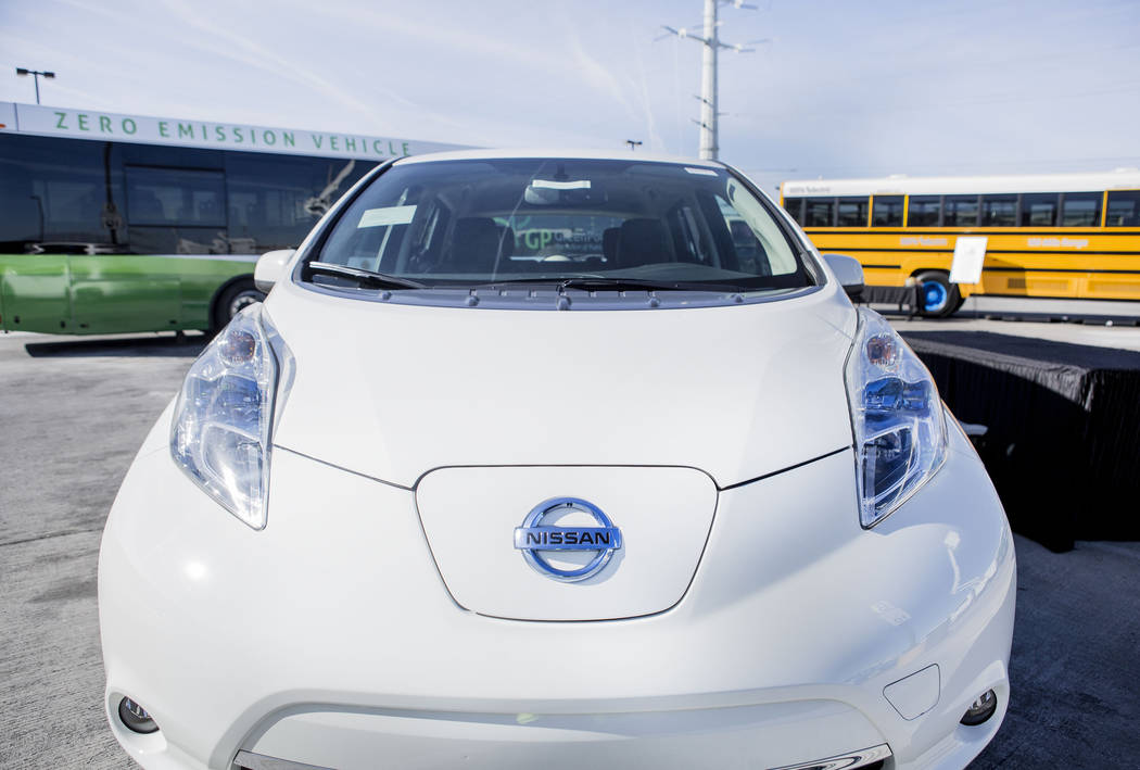 A Nissan Leaf at the Regional Transportation Commission of Southern Nevada Training Center, Wednesday, March 8, 2017, in Las Vegas.  (Elizabeth Brumley/Las Vegas Review-Journal) @EliPagePhoto