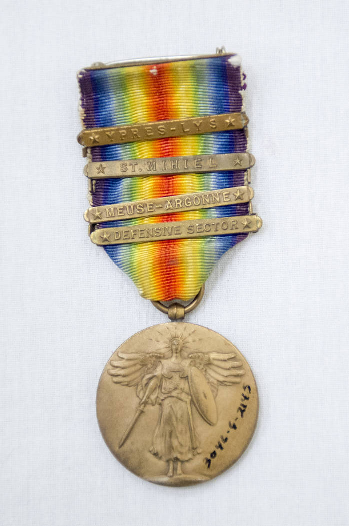 A World War I victory medal from the Nevada State Museum lists the campaigns U.S. troops fought in France and Belgium, including Ypres-Lys, Saint Mihiel and Meuse-Argonne. Bridget Bennett/Las Vega ...