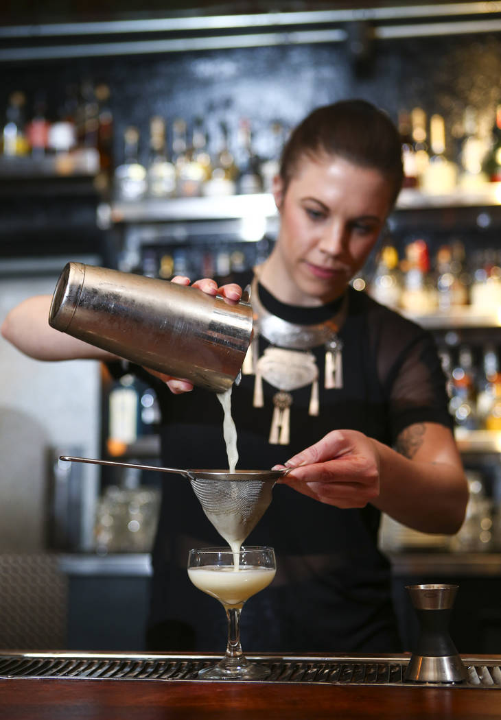 Instructor Christina Dylag prepares a whiskey sour during a cocktail class at Velveteen Rabbit in downtown Las Vegas on Saturday, Feb. 25, 2017. (Chase Stevens/Las Vegas Review-Journal) @csstevens ...