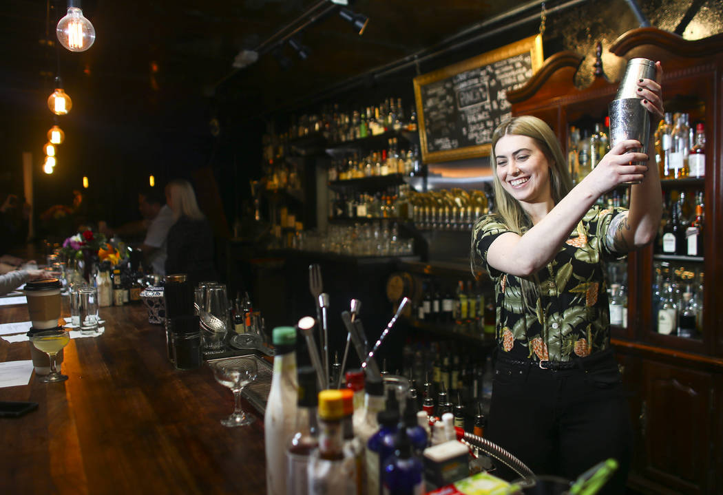 Jessica Kantor shakes a cocktail shaker during a class at Velveteen Rabbit in downtown Las Vegas on Saturday, Feb. 25, 2017. (Chase Stevens/Las Vegas Review-Journal) @csstevensphoto