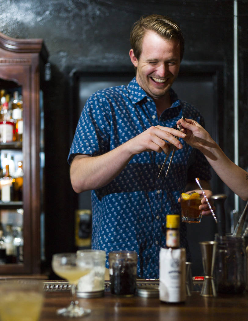 Emmett Stone finishes making an old fashioned during a cocktail class at Velveteen Rabbit in downtown Las Vegas on Saturday, Feb. 25, 2017. (Chase Stevens/Las Vegas Review-Journal) @csstevensphoto