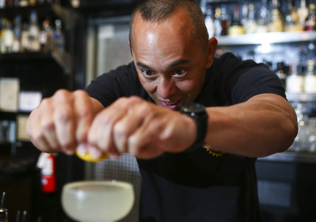 Bill Yadao makes a French 75 during a cocktail class at Velveteen Rabbit in downtown Las Vegas on Saturday, Feb. 25, 2017. (Chase Stevens/Las Vegas Review-Journal) @csstevensphoto