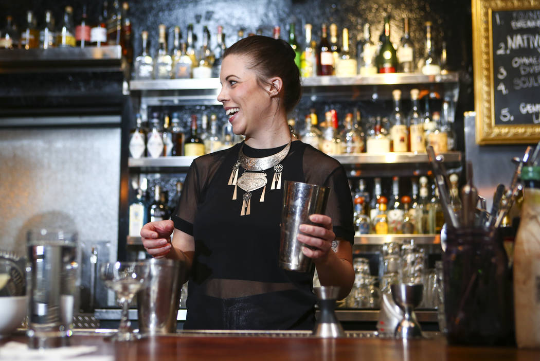 Instructor Christina Dylag prepares a whiskey sour during a cocktail class at Velveteen Rabbit in downtown Las Vegas on Saturday, Feb. 25, 2017. (Chase Stevens/Las Vegas Review-Journal) @csstevens ...