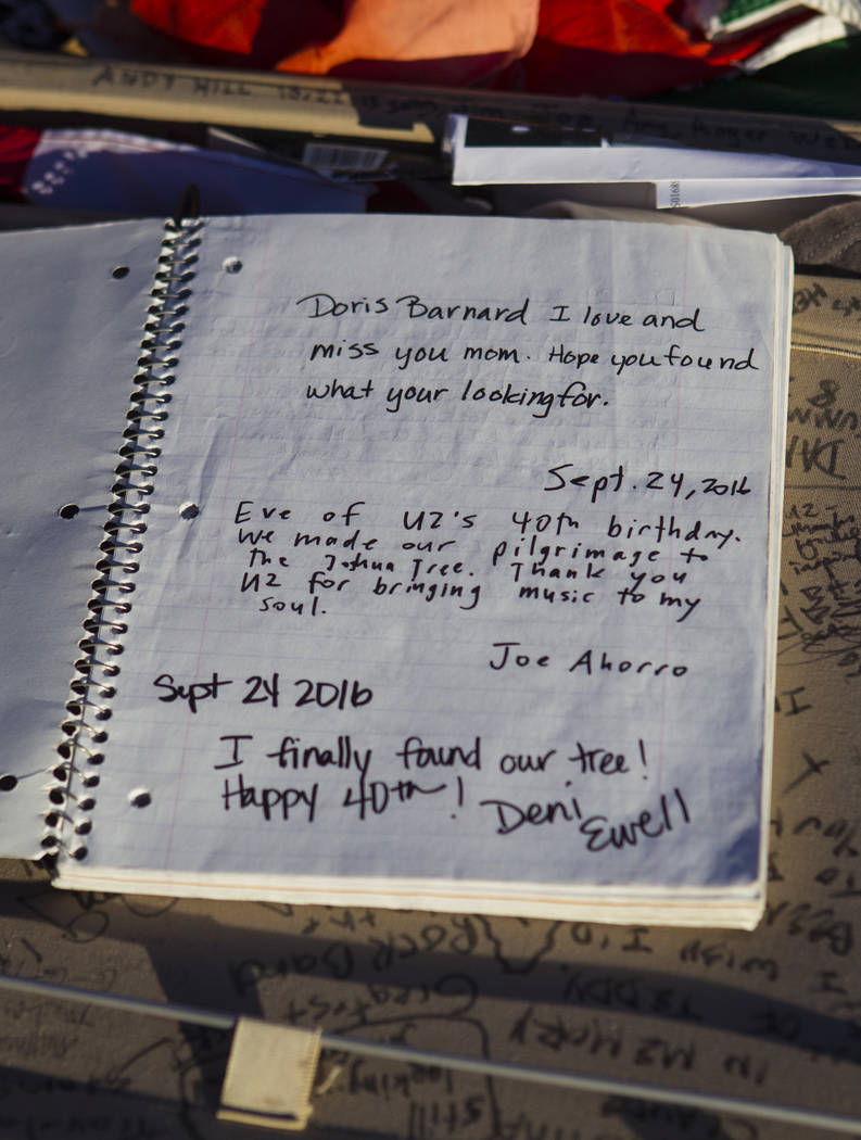 A notebook left by fans of rock band U2 sits with the fallen tree that appeared in the band's 1 ...