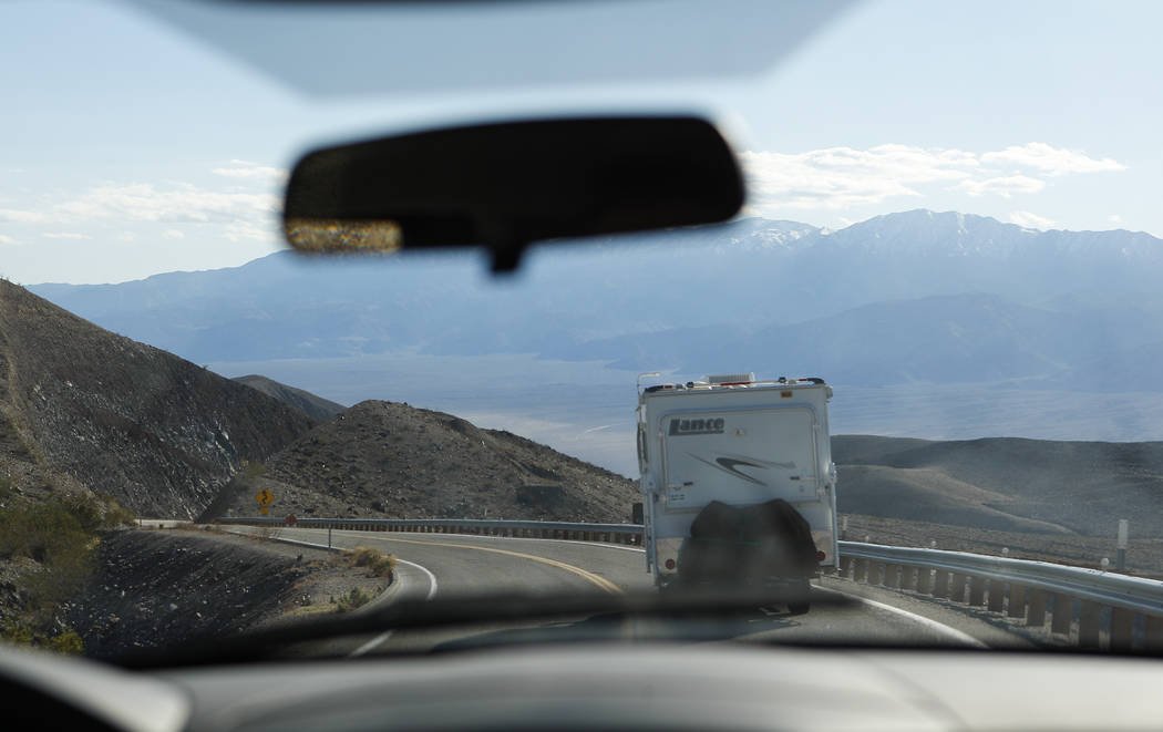 An RV drives along California State Route 190 in of Death Valley National Park on Tuesday, Feb. 28, 2017. (Chase Stevens/Las Vegas Review-Journal) @csstevensphoto