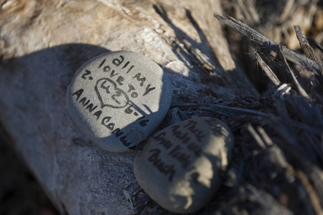 A rock left by fans of rock band U2 sits with the fallen tree that appeared in the band's 1987 album "The Joshua Tree" outside of Death Valley National Park along California Stat ...