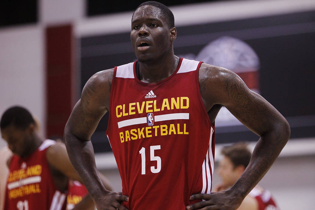 Cleveland's Anthony Bennett (15) catches his breath in between action while taking on Milwaukee during their NBA Summer League game at the Cox Pavilion in Las Vegas on Friday, July 11, 2014. (Jaso ...