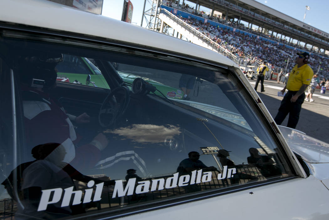 Stock Eliminator driver Phil Mandella Jr. prepares to race Chris Hall at the DENSO Spark Plugs NHRA Nationals at The Strip at Las Vegas Motor Speedway on Sunday, April 2, 2017, in Las Vegas. (Brid ...