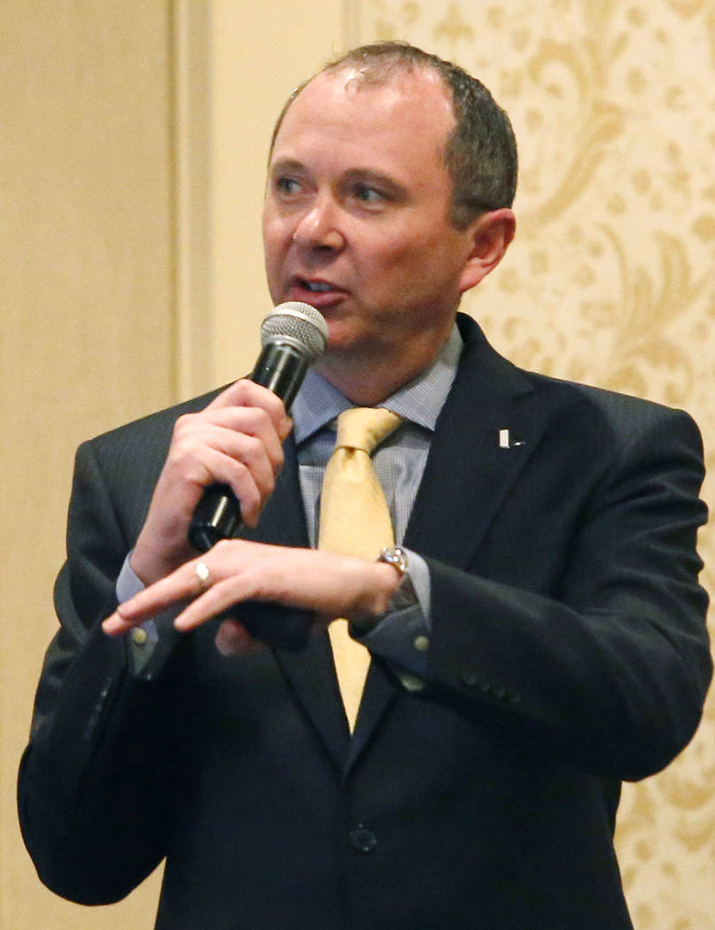 President and CEO of Nevada State Bank Terry Shirey gives a presentation titled the &quot;Evolution of Banking&quot; at the Gold Coast Hotel and Casino on Thursday, March 23, 2017, in Las  ...