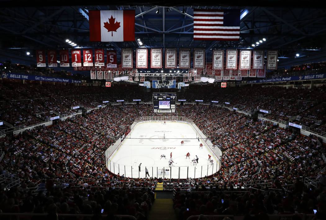 FILE - In this Oct. 17, 2016, photo, the Detroit Red Wings play the Ottawa Senators in the first period of an NHL hockey game at Joe Louis Arena in Detroit. The arena will be the home of the Detro ...