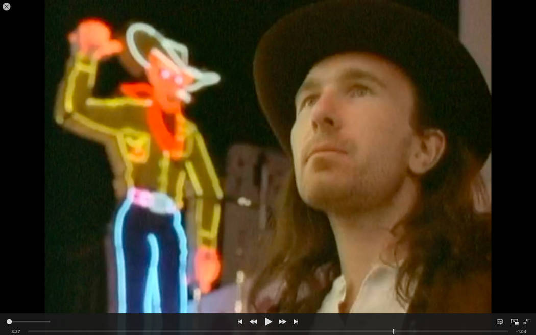 A scene from U2's  iconic &quot;I Still Haven't Found What I'm Looking For&quot; video filmed on Fremont Street on April 12, 1987.