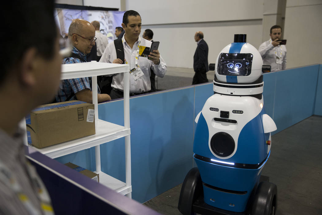 Ramsee, an autonomous security robot by Gamma 2 Robotics, on display during the International Security Conference & Exposition at the Sands Expo on Wednesday, April 5, 2017, in Las Vegas. Erik ...