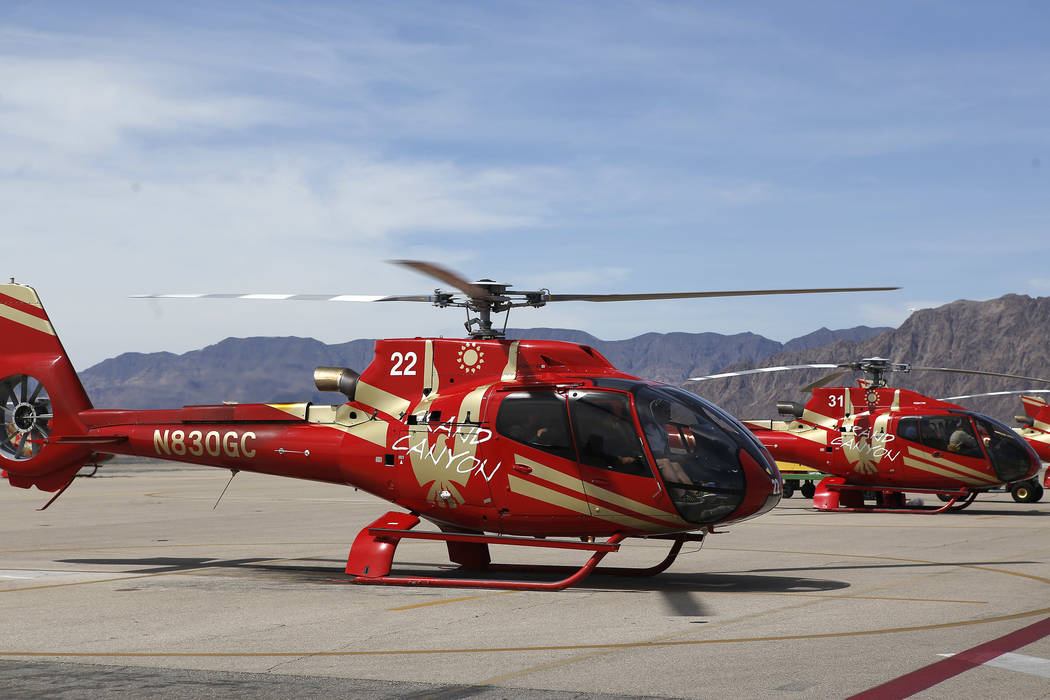 Grand Canyon Scenic Airline helicopters at the Boulder City Municipal Airport on Wednesday, April 5, 2017, in Boulder City, Nevada. Their pilots will have the opportunity to join Allegiant Air onc ...